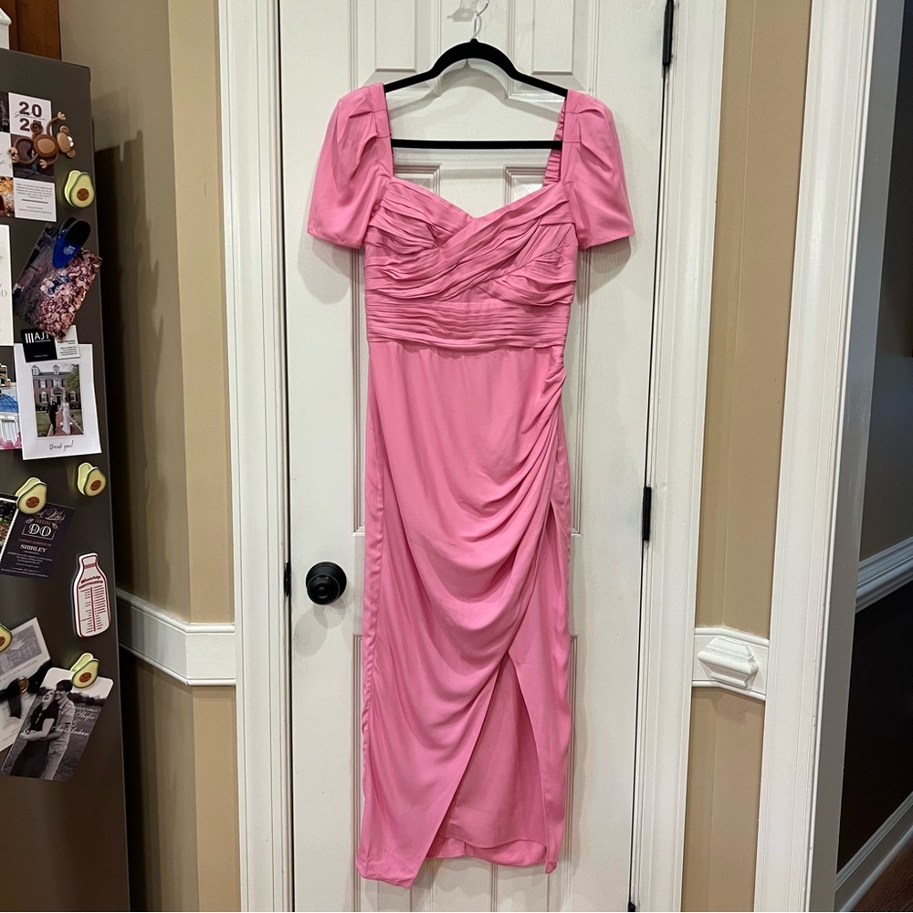 Self-Portrait Iris Puff-Sleeve Stretch Crepe Midi Dress Pink Size 4